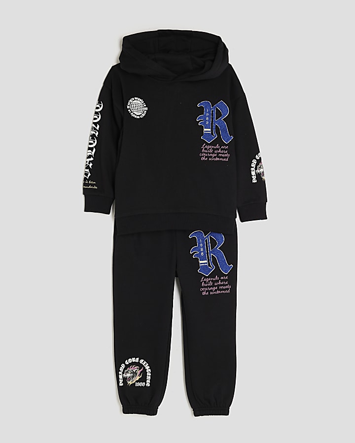 River Island Mini Boys Black Badge Gothic Hoodie Set