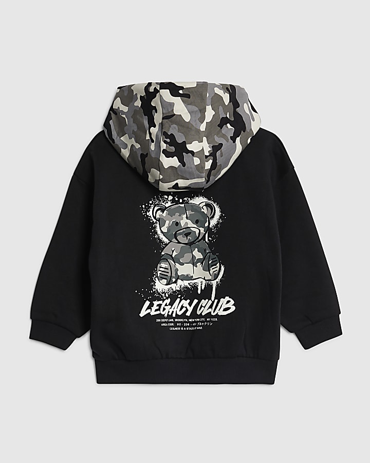 River Island Mini Boys Black Camouflage Bear Hoodie