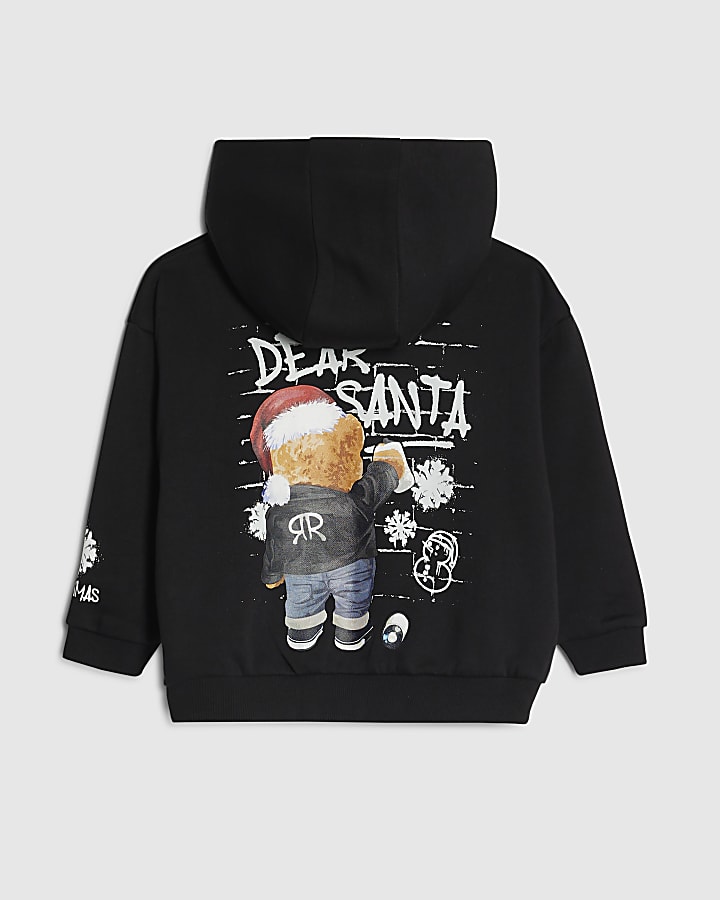 River Island Mini Boys Black Dear Santa Bear Hoodie