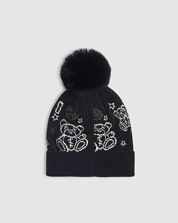 River Island Mini Boys Black Doodle Bear Beanie Hat