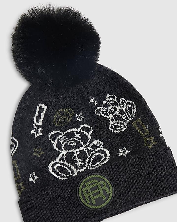 River Island Mini Boys Black Doodle Bear Beanie Hat
