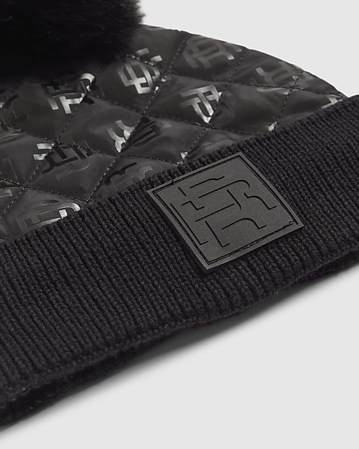 River Island Mini Boys Black Nylon Monogram Beanie Hat
