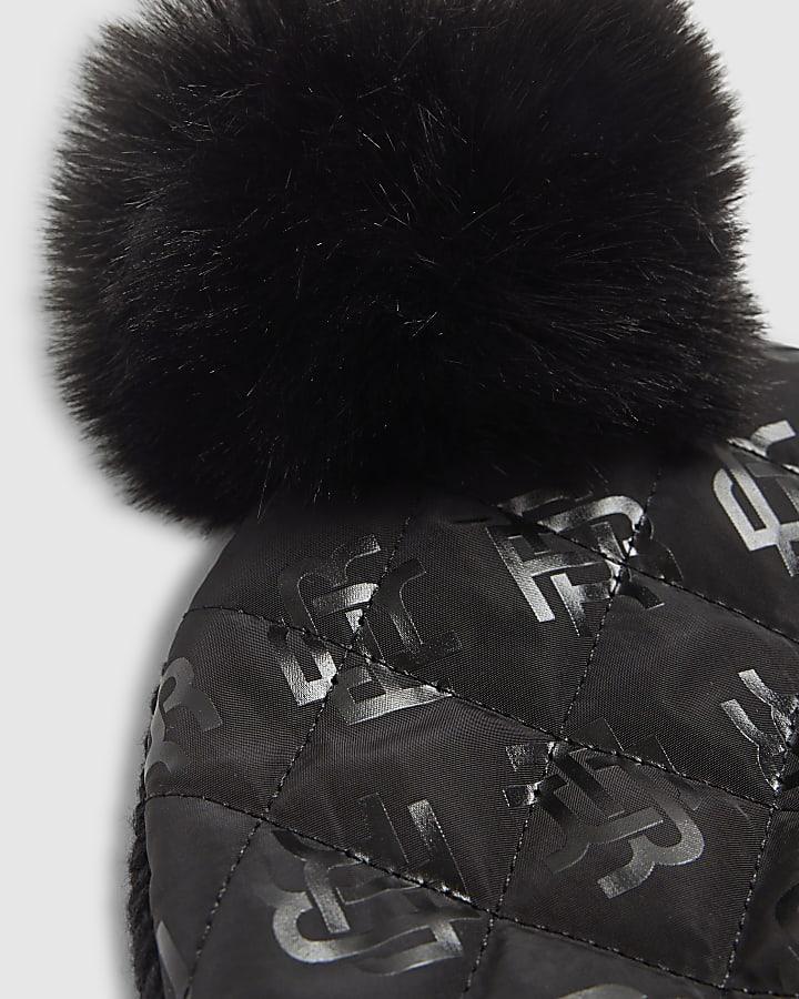 River Island Mini Boys Black Nylon Monogram Beanie Hat
