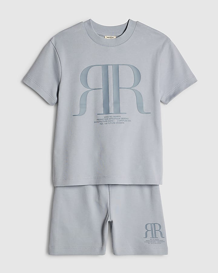 River Island Mini Boys Blue RR T-Shirt And Shorts Set