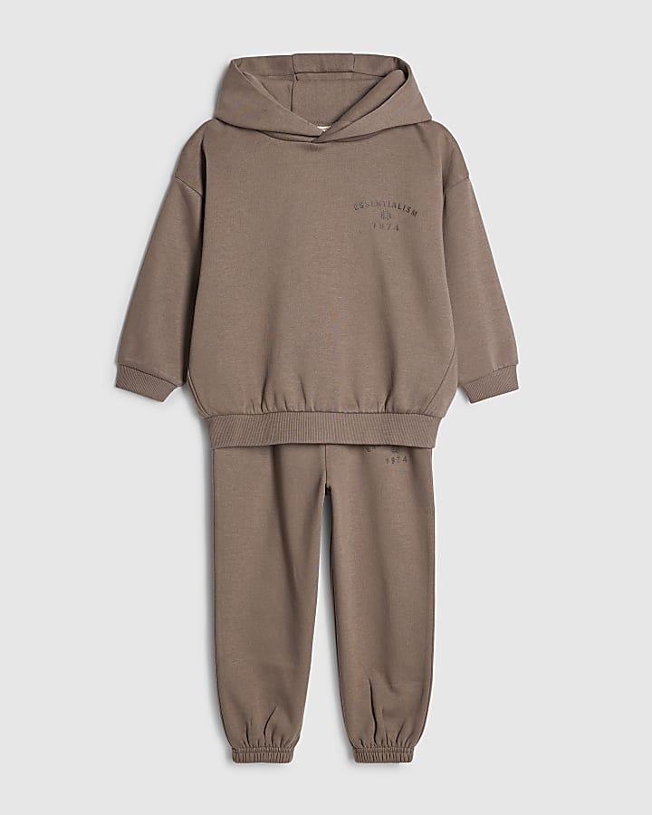 River Island Mini Boys Brown Essentialism Hoodie Set
