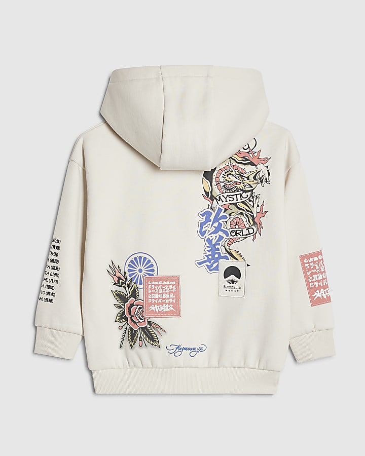 River Island Mini Boys Cream Japanese Bird Print Hoodie