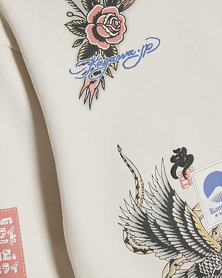 River Island Mini Boys Cream Japanese Bird Print Hoodie