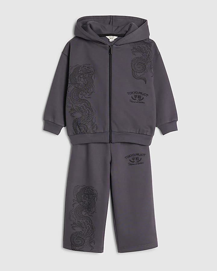 River Island Mini Boys Grey Japanese Dragon Hoodie Set