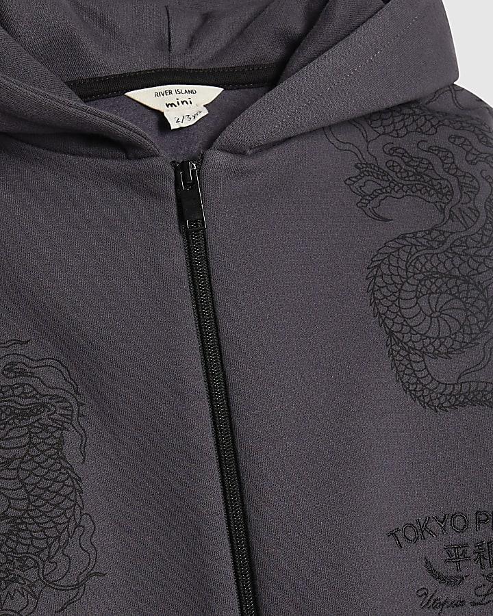 River Island Mini Boys Grey Japanese Dragon Hoodie Set