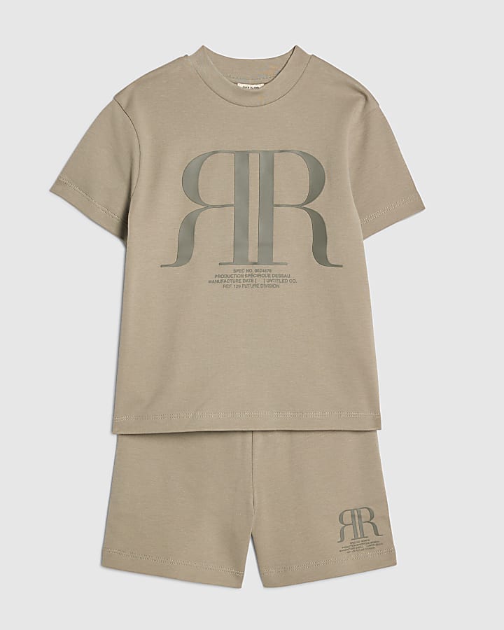 River Island Mini Boys Khaki RR T-Shirt And Shorts Set