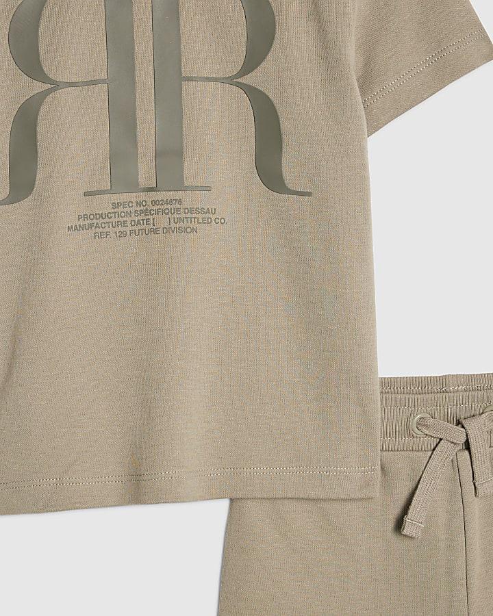 river island Mini Boys Khaki RR T-Shirt And Shorts Set