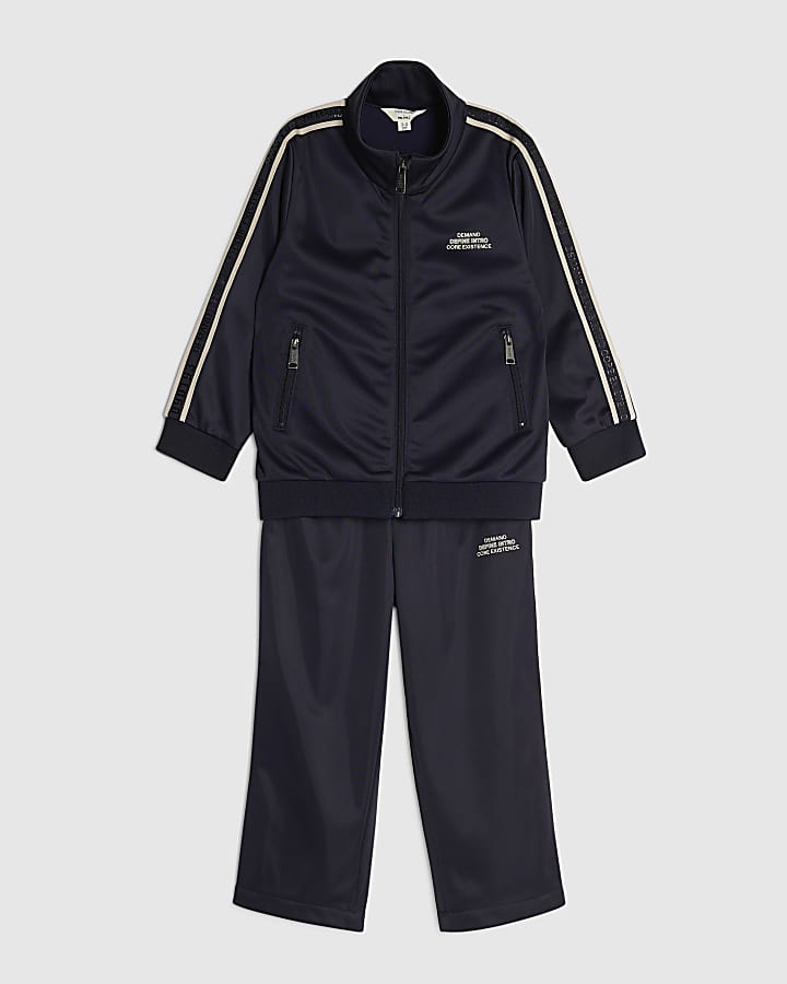 River Island Mini Boys Navy Funnel Zipped Tracksuit Set