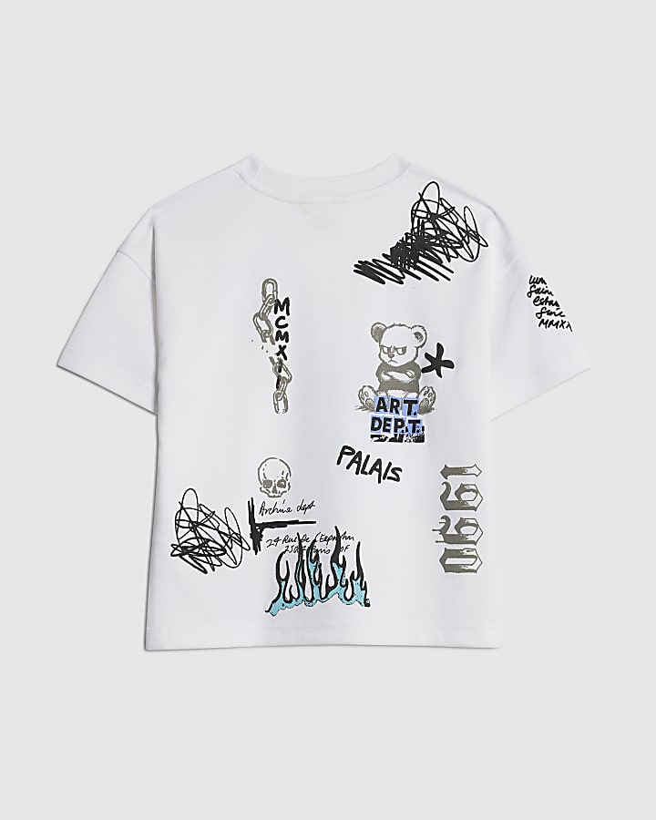 River Island Mini Boys White Graffiti Doodle Bear T-Shirt