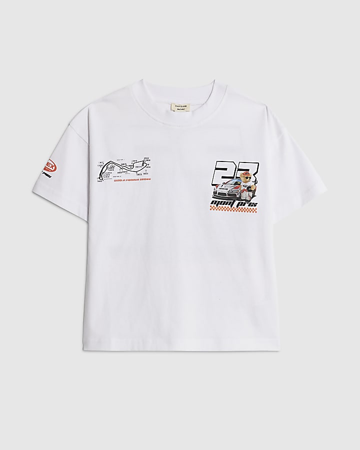 River Island Mini Boys White Motocross Bear Car T-Shirt