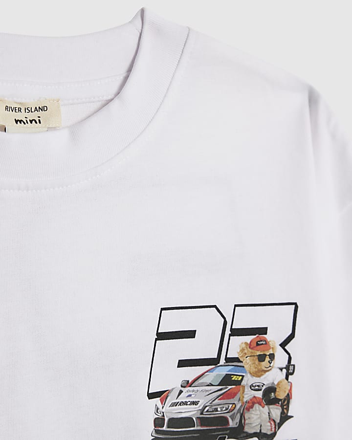 River Island Mini Boys White Motocross Bear Car T-Shirt