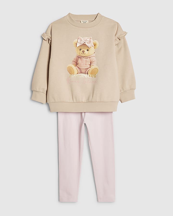 River Island Mini Girls Beige Bow Hat Bear Sweatshirt Set