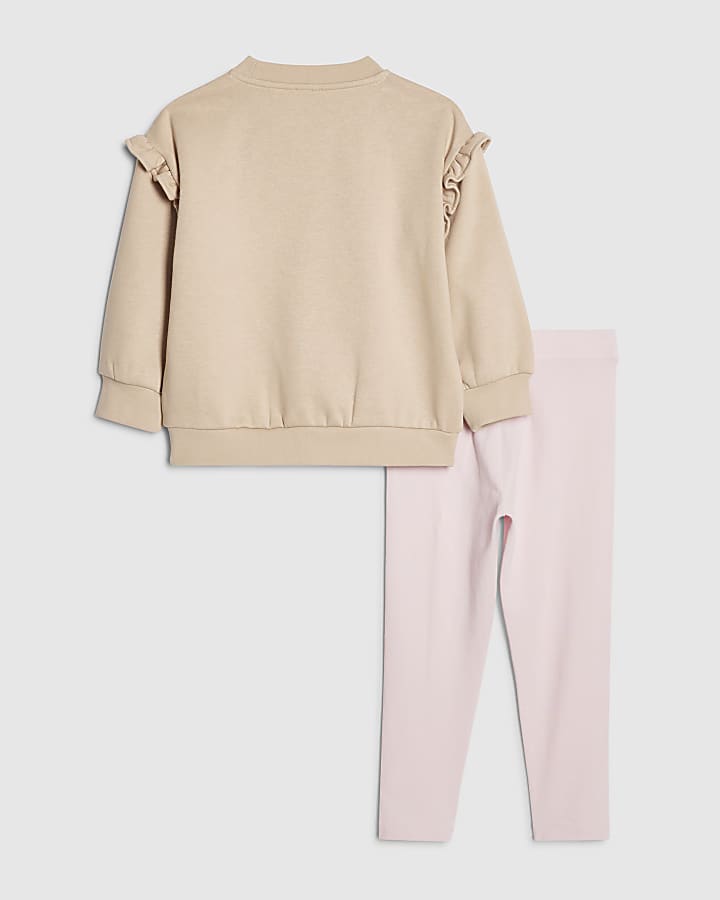 River Island Mini Girls Beige Bow Hat Bear Sweatshirt Set