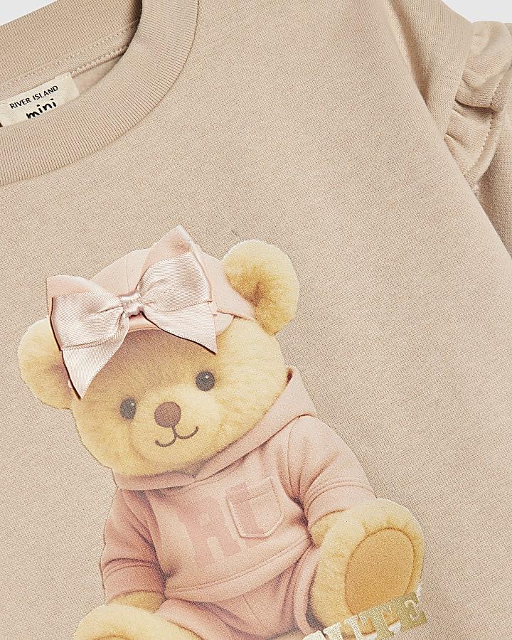 River Island Mini Girls Beige Bow Hat Bear Sweatshirt Set