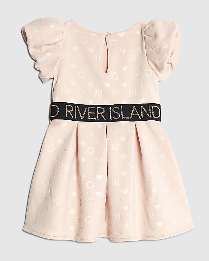 River Island Mini Girls Beige Embossed RI Monogram Dress