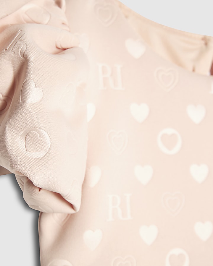river island Mini Girls Beige Embossed RI Monogram Dress