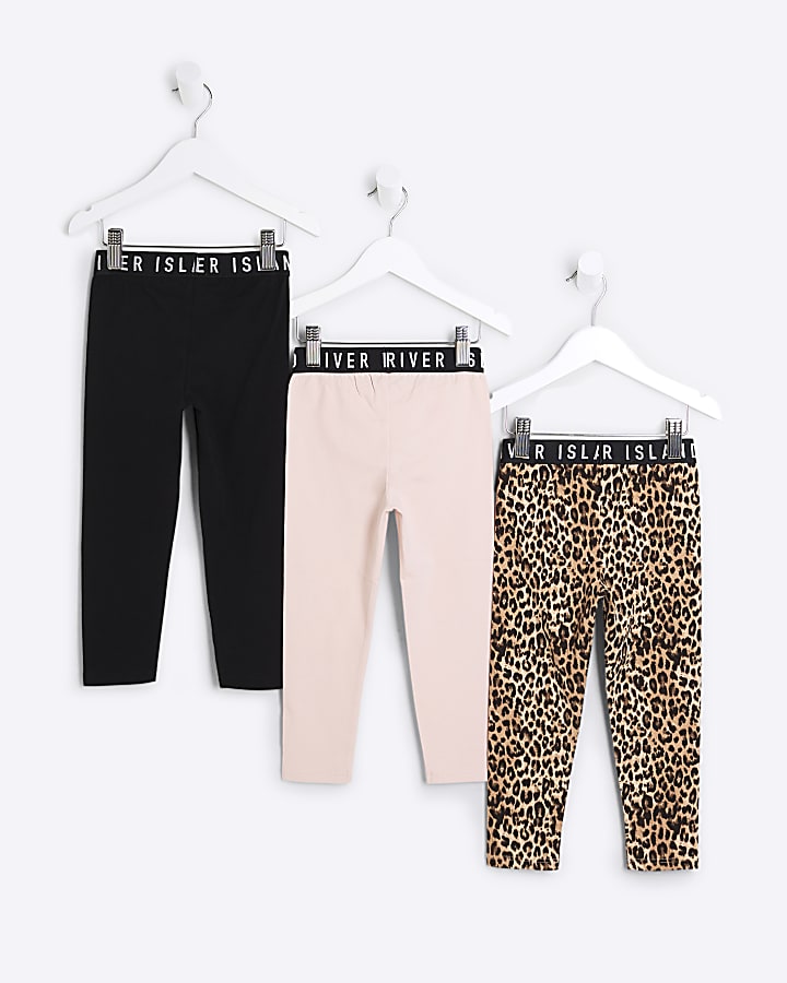 River Island Mini Girls Beige Leopard RI Leggings 3 Pack