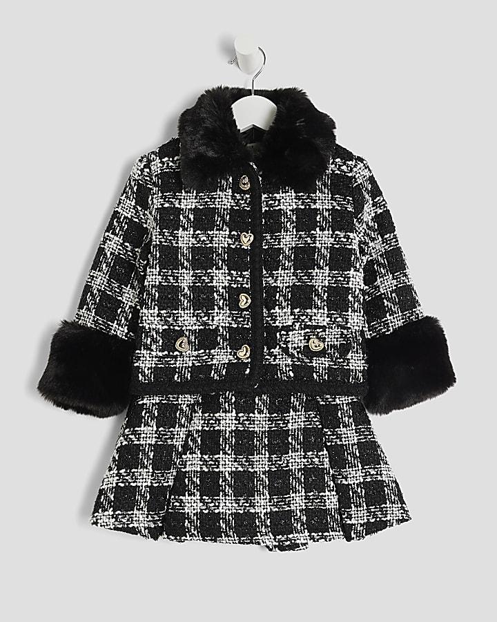 River Island Mini Girls Black Check Boucle Jacket Set