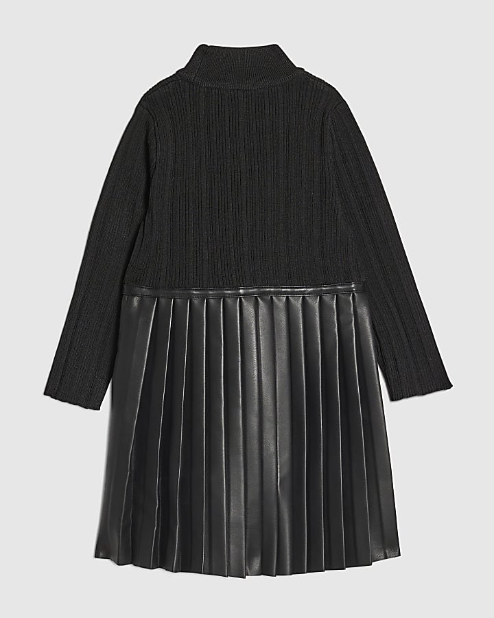 River Island Mini Girls Black Faux Leather Pleated Dress