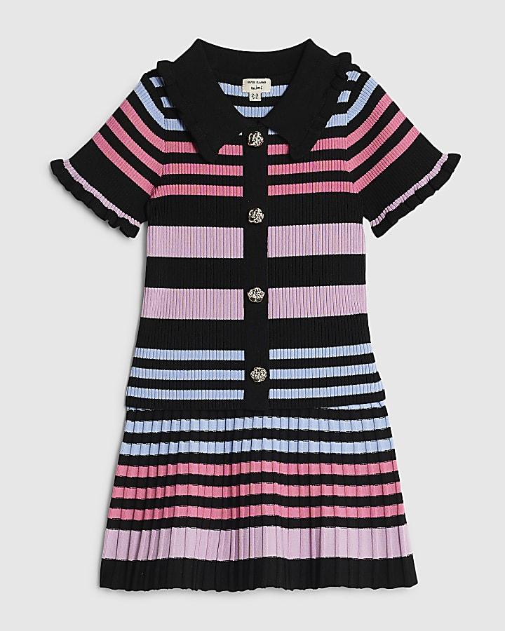 River Island Mini Girls Black Stripe Polo Shirt Set