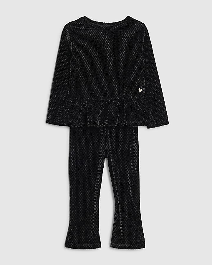 River Island Mini Girls Black Velvet Peplum T-Shirt Set