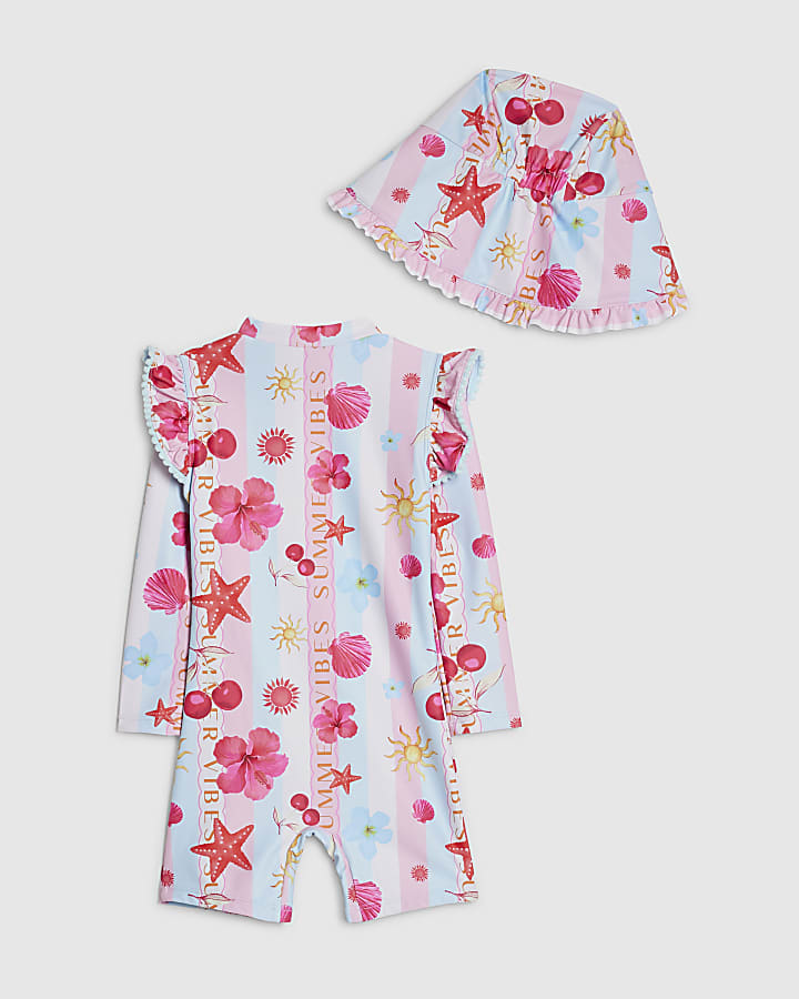 River Island Mini Girls Blue Stripe La Mer Rashsuit Set