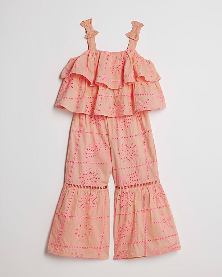 River Island Mini Girls Coral Tiered Broderie Top Set