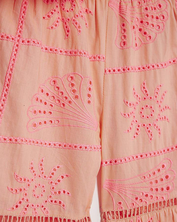 river island Mini Girls Coral Tiered Broderie Top Set