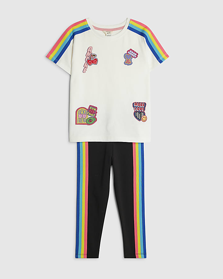 River Island Mini Girls Cream Badged Stripe T-Shirt Set