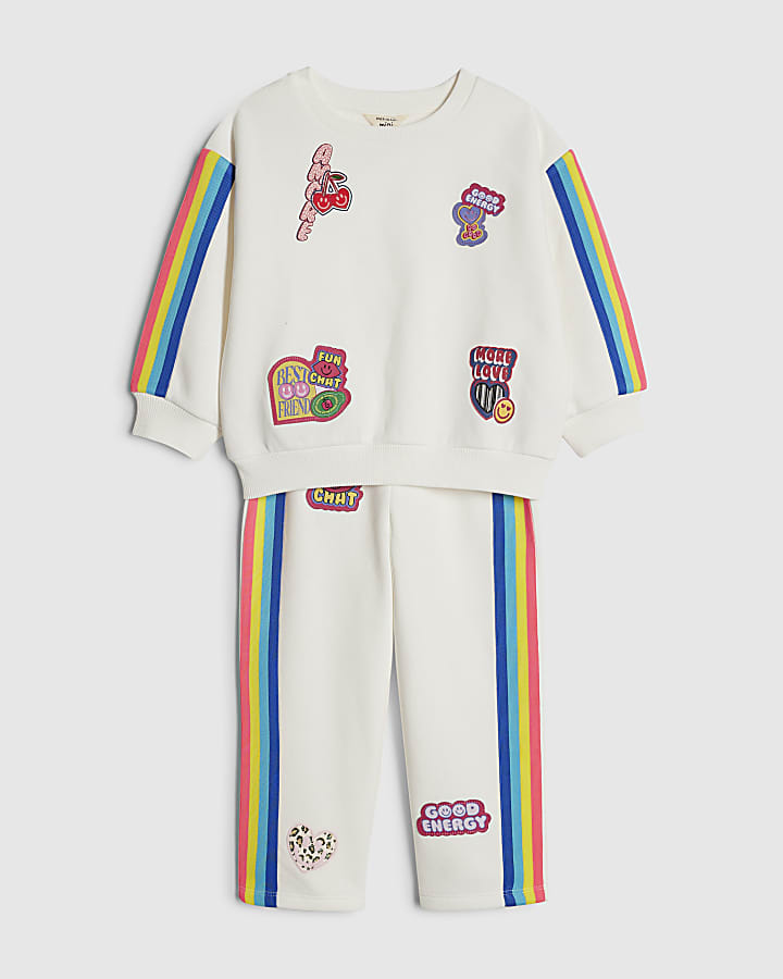 River Island Mini Girls Cream Badged Sweatshirt Set