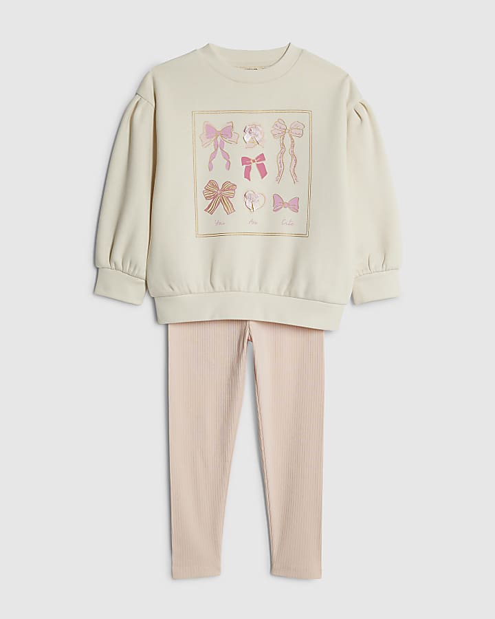 River Island Mini Girls Cream Bow Box Sweatshirt Set