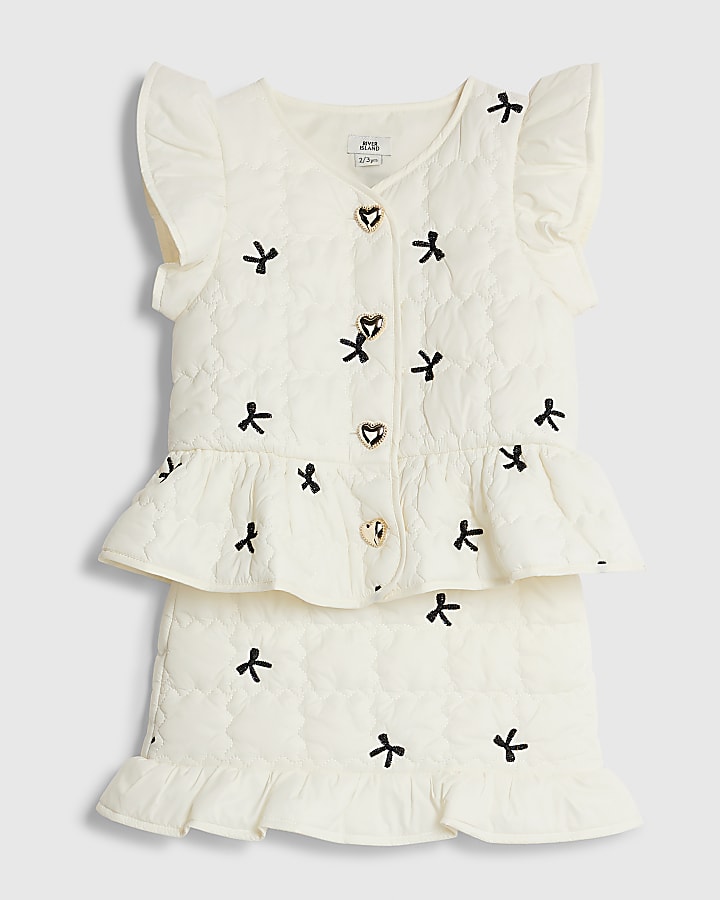 River Island Mini Girls Cream Bow Gilet And Skirt Set