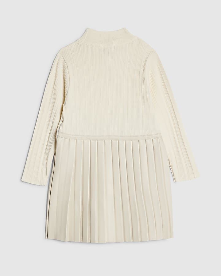 River Island Mini Girls Cream Faux Leather Pleated Dress