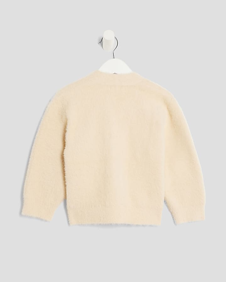 River Island Mini Girls Cream Fluffy Flower Cardigan