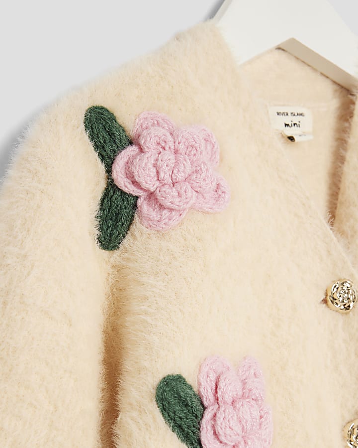 River Island Mini Girls Cream Fluffy Flower Cardigan