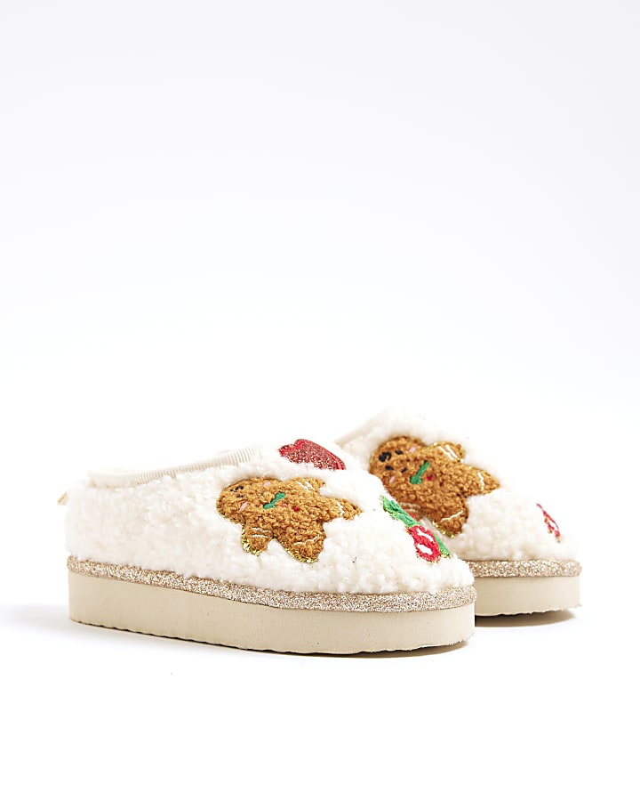 River Island Mini Girls Cream Gingerbread Man Slippers