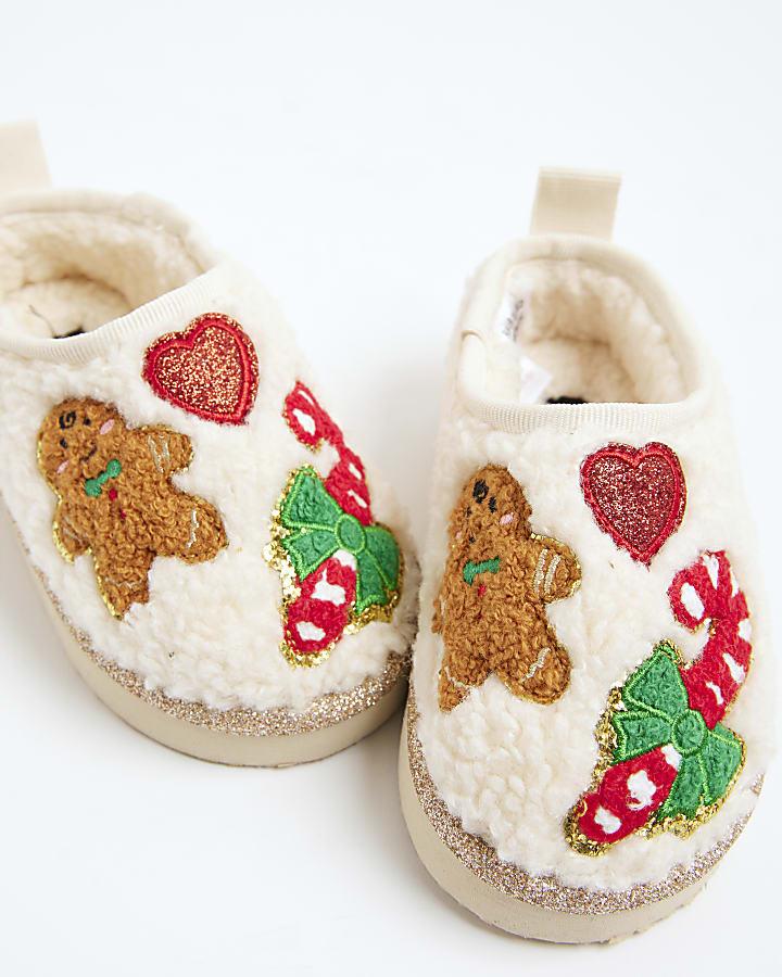River Island Mini Girls Cream Gingerbread Man Slippers