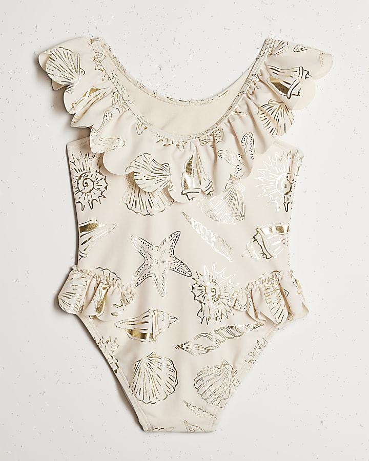River Island Mini Girls Cream Gold Foil Shell Swimsuit