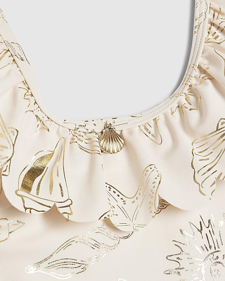 River Island Mini Girls Cream Gold Foil Shell Swimsuit