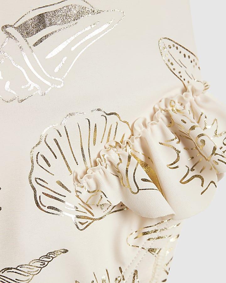 River Island Mini Girls Cream Gold Foil Shell Swimsuit