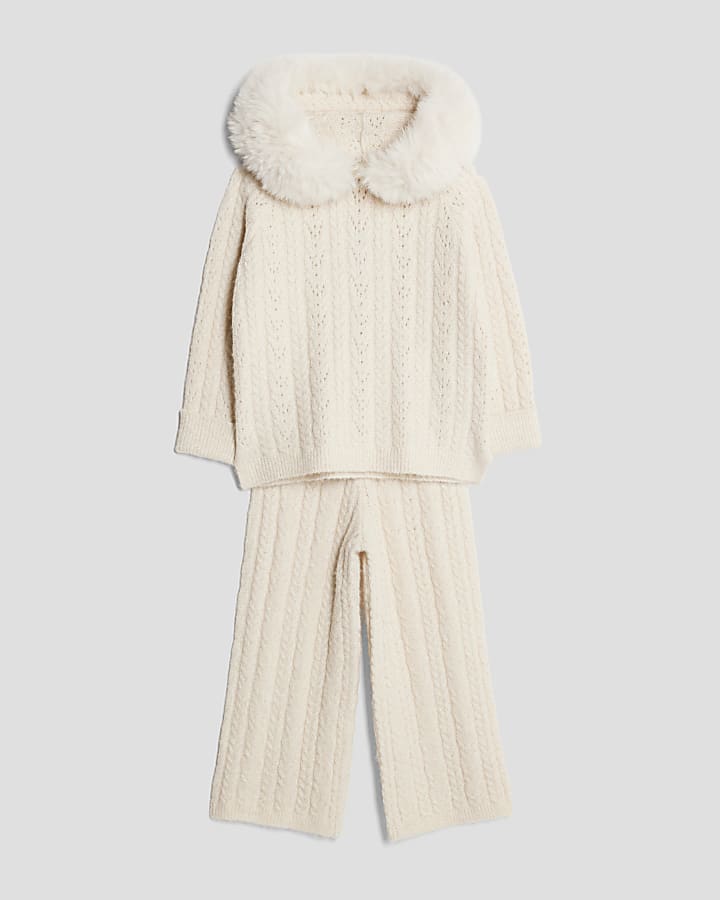 River Island Mini Girls Cream Hooded Sparkle Jumper Set