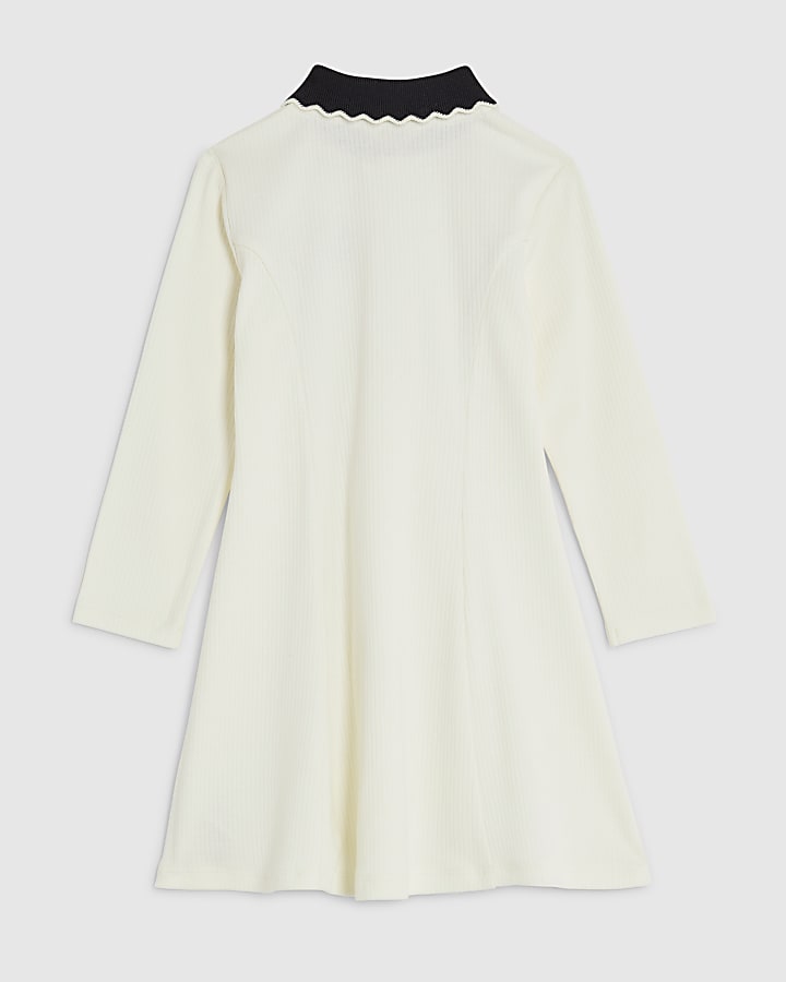 River Island Mini Girls Cream Ribbed Zip Polo Dress