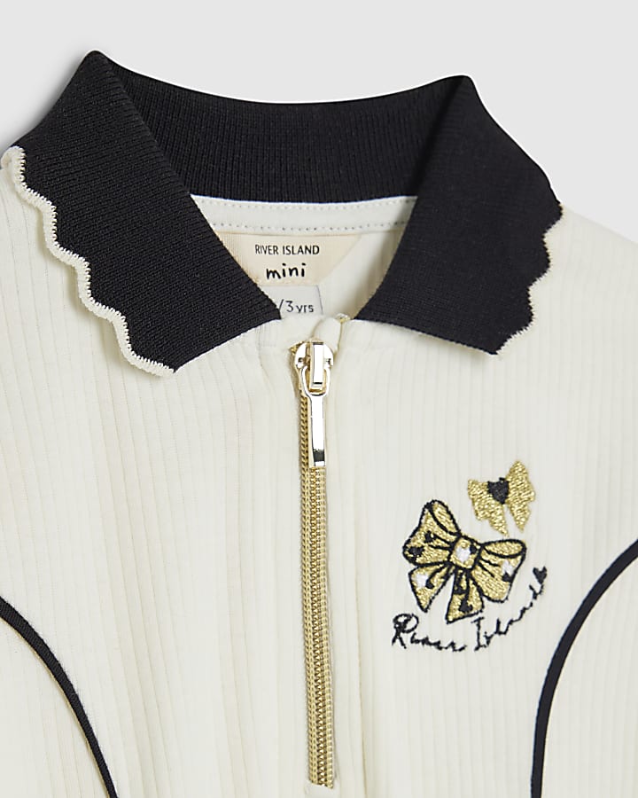 River Island Mini Girls Cream Ribbed Zip Polo Dress