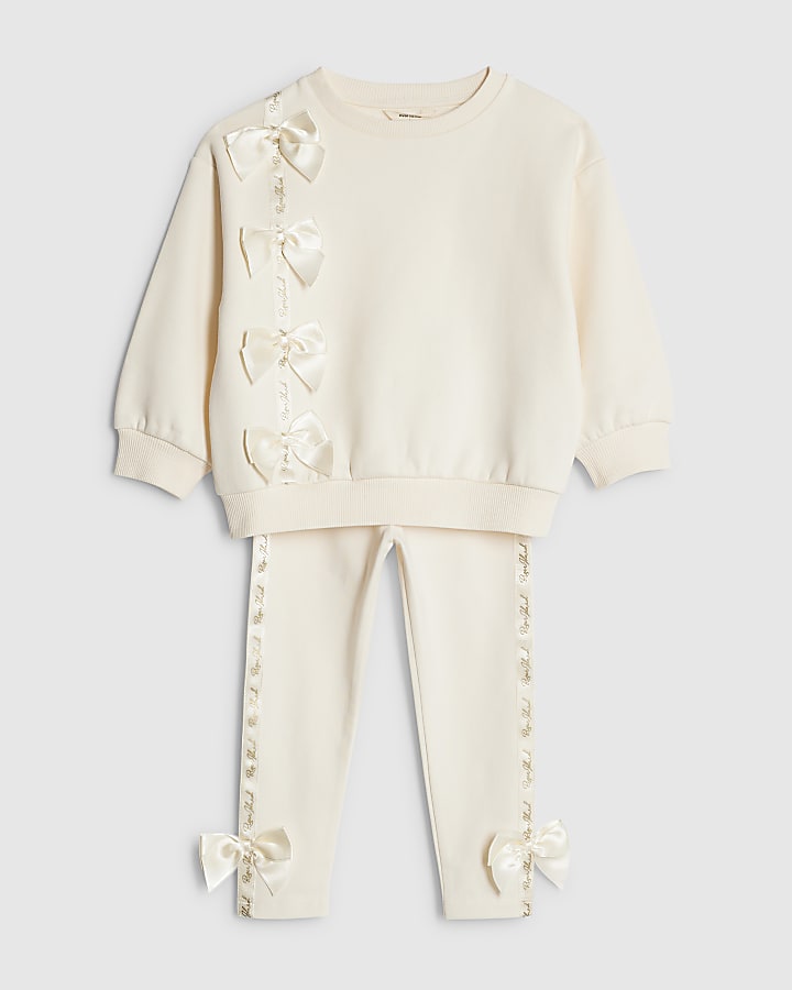 River Island Mini Girls Cream Satin Bow Sweatshirt Set