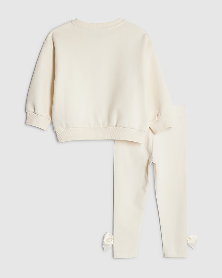 River Island Mini Girls Cream Satin Bow Sweatshirt Set