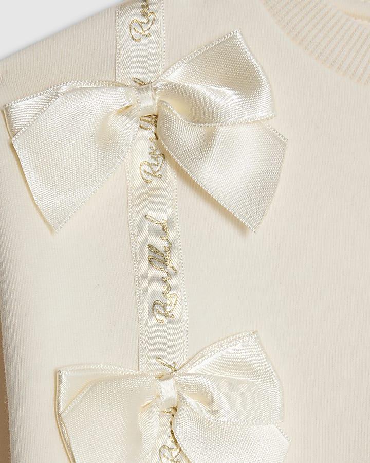 River Island Mini Girls Cream Satin Bow Sweatshirt Set